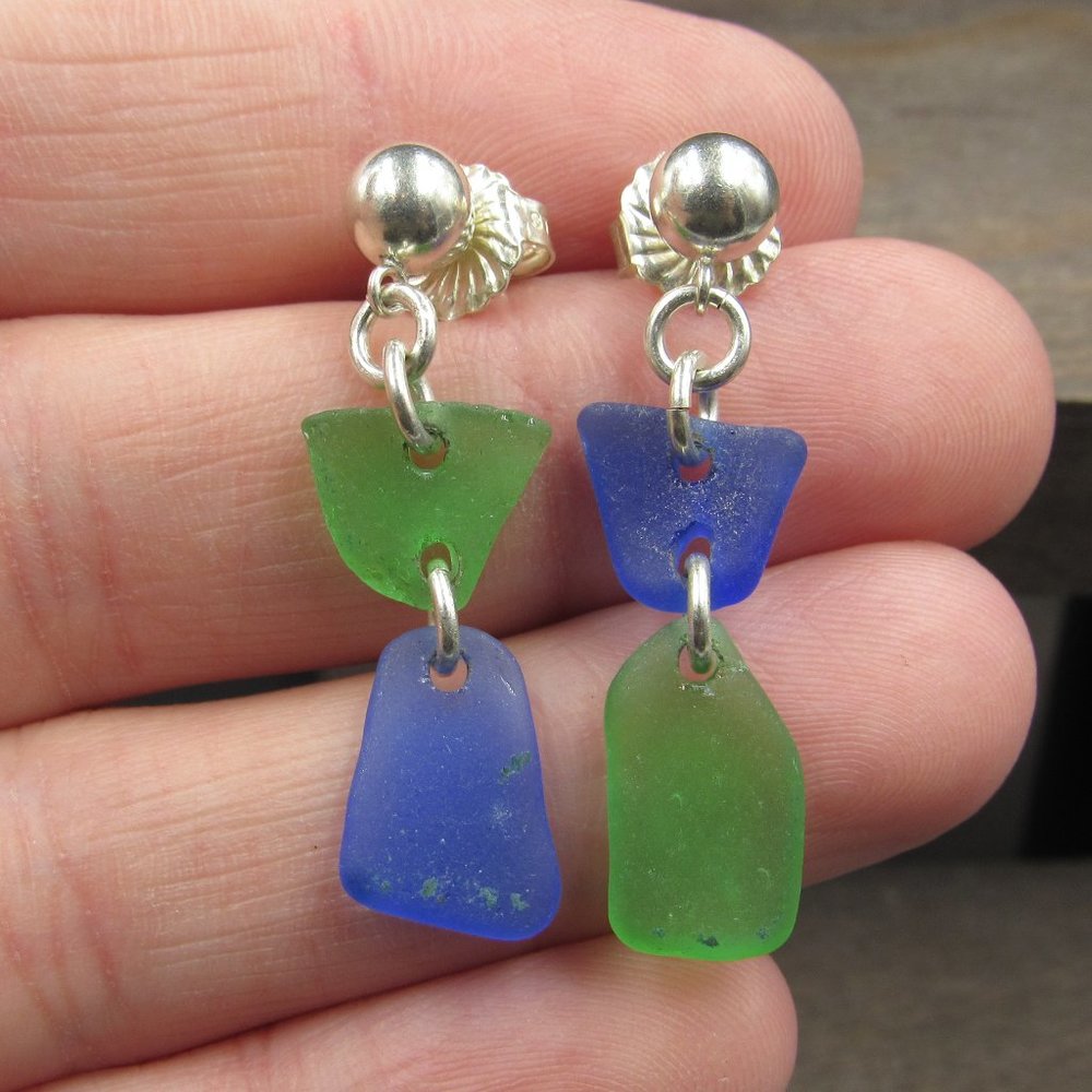 Sterling Silver Blue & Green Sea Glass Dangle Earrings Vintage